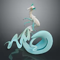3D Fantasy Dragon Sculpture With Light Blue White Body Green Horns And Wave Shaped Base