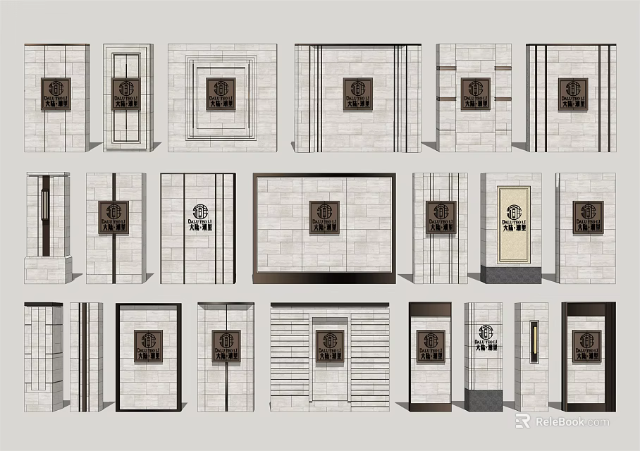 Diverse Building Facade Designs Featuring Door Window Layouts And Decorative Panels 3d model