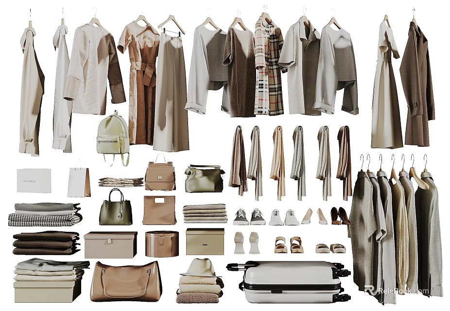 Stylish Neutral Tones Clothes Hanging With Matching Bags Shoes Scarves And Luggage 3d model 