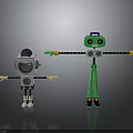 Two Robot Characters With Square Head And Tall Green Limbs In 3D Illustration