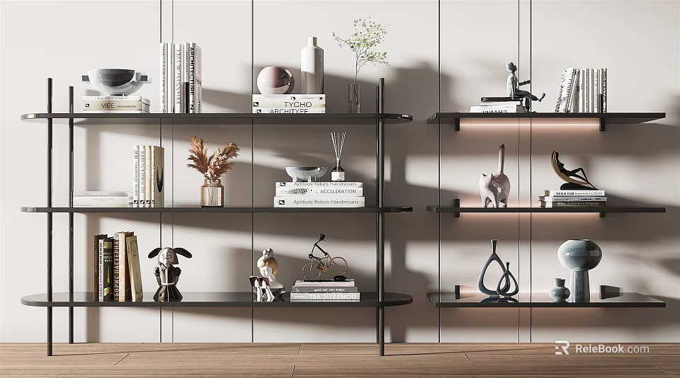 Modern Black Shelving Unit in Minimalist Interior with Decorative Books Vases Sculptures and Ornaments 3d model 
