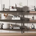 Modern Black Shelving Unit in Minimalist Interior with Decorative Books Vases Sculptures and Ornaments