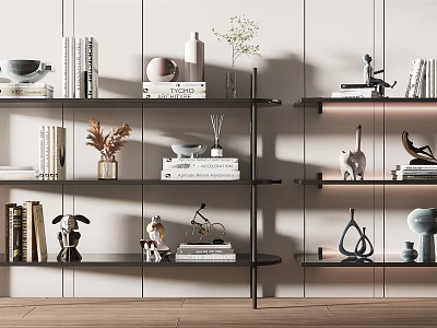 Modern Black Shelving Unit in Minimalist Interior with Decorative Books Vases Sculptures and Ornaments 3d model