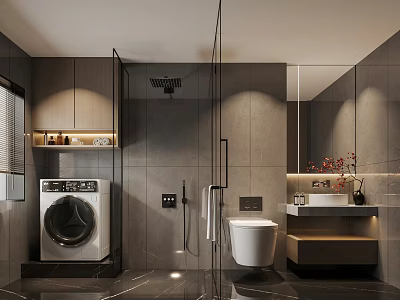Modern Bathroom Interior Design With Gray Tile Walls Shower Toilet Vanity And Washing Machine 3d model
