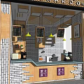 Cozy Cafe Restaurant With Wooden Tables Chairs Yellow Pendant Lights Brick Wall And Drink Posters