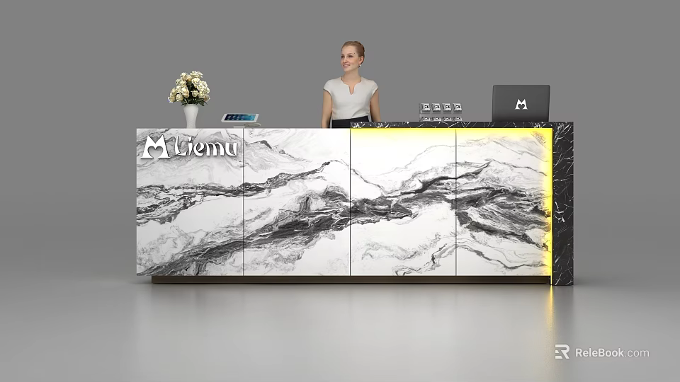 Modern Reception Desk with Marble Texture Yellow Undercabinet Lighting M Trend Logo and Receptionist 3d model 
