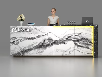Modern Reception Desk with Marble Texture Yellow Undercabinet Lighting M Trend Logo and Receptionist 3d model