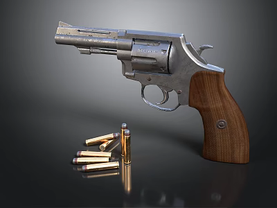Silver Metal Revolver With Brown Wooden Grip And Bullets On Dark Background 3d model