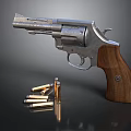 Silver Metal Revolver With Brown Wooden Grip And Bullets On Dark Background