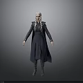 3D Character Model With White Long Hair And Dark Coat Standing In Gray Background