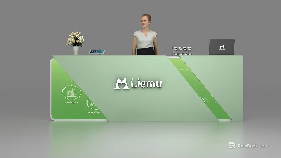 Modern Green Reception Desk With Liemu Logo And Female Receptionist Flower Vase Tablet And Laptop 3d model 