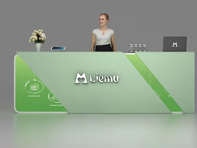 Modern Green Reception Desk With Liemu Logo And Female Receptionist Flower Vase Tablet And Laptop 3d model