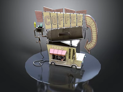 Coffee Cart Display Scene With Large Coffee Sign Pink Awning And Round Platform 3d model