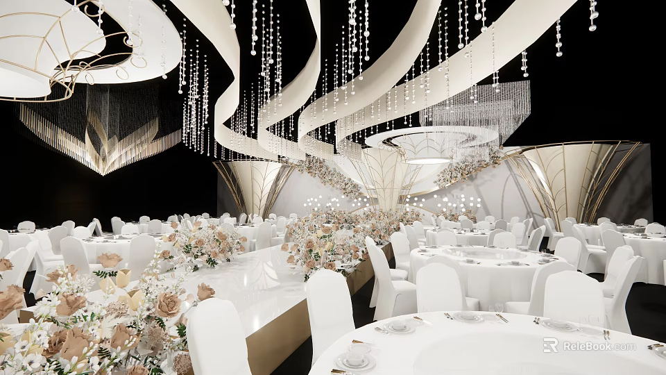 Luxurious Banquet Hall Interior With Crystal Chandeliers White Tables And Flower Arrangements 3d model 