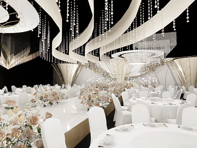 Luxurious Banquet Hall Interior With Crystal Chandeliers White Tables And Flower Arrangements 3d model
