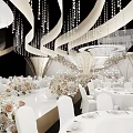 Luxurious Banquet Hall Interior With Crystal Chandeliers White Tables And Flower Arrangements