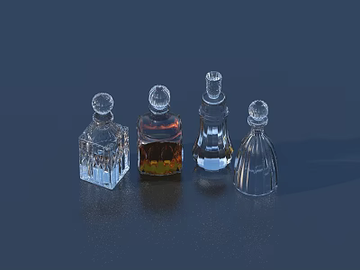 Transparent Glass Wine Bottles With Brown Liquid Various Shapes Round Caps On Dark Blue Surface 3d model