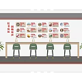 Book Art Exhibition with Wall Posters Wooden Bar Counter Green Stools and Potted Plants