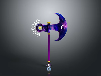 Decorative Fantasy Axe With Purple Blue Blade Moon Star Design And Yellow Accents 3d model