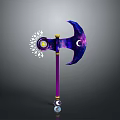 Decorative Fantasy Axe With Purple Blue Blade Moon Star Design And Yellow Accents
