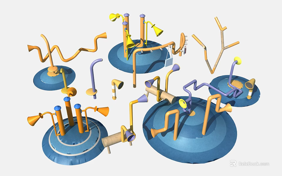 Colorful Playground Equipment With Multiple Blue Bases Curved Tubes Yellow Components And Purple Structures 3d model 