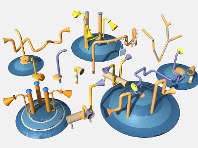 Colorful Playground Equipment With Multiple Blue Bases Curved Tubes Yellow Components And Purple Structures 3d model