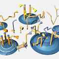 Colorful Playground Equipment With Multiple Blue Bases Curved Tubes Yellow Components And Purple Structures