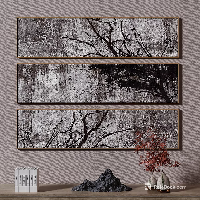 Three Tree Branch Themed Paintings With Gray White Background For Wall Decor 3d model