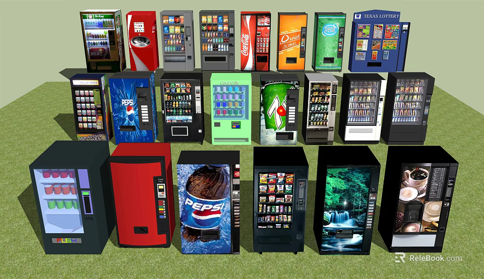 Public Facilities Featuring Various Beverage Vending Machines With Colorful Designs And Brand Logos 3d model 