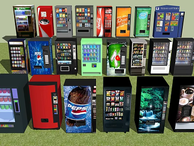 Public Facilities Featuring Various Beverage Vending Machines With Colorful Designs And Brand Logos 3d model