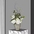 Dark Green Vase With White Hydrangeas Green Leaves And Slender Branches On Patterned Tablecloth