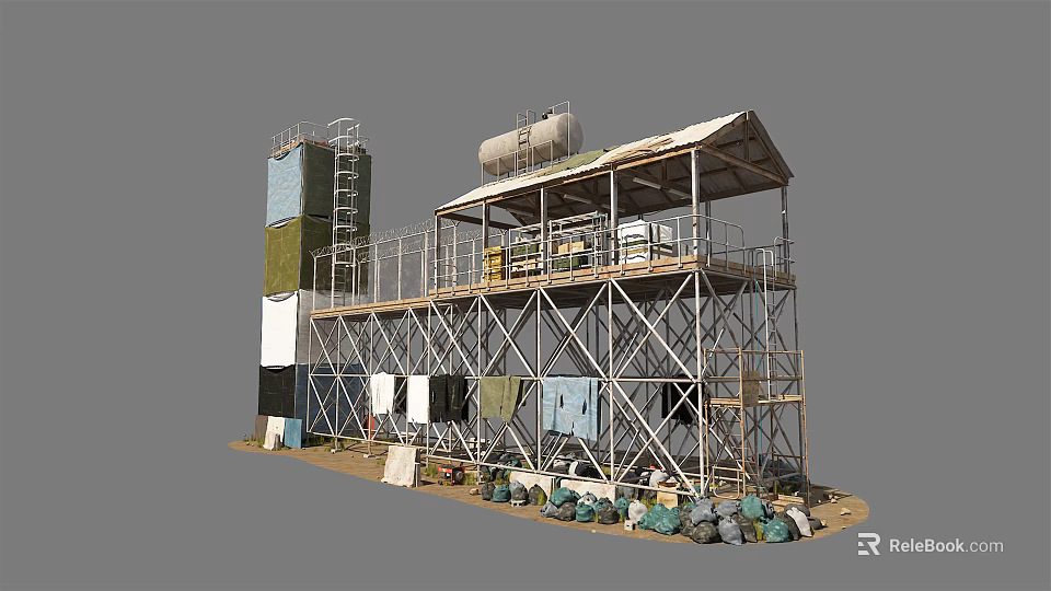 Industrial Tower with Metal Frame Platform and Storage Tank Surrounded by Equipment and Stacked Items 3d model 