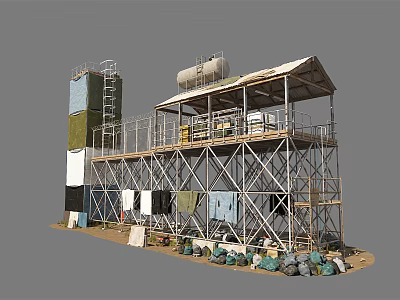Industrial Tower with Metal Frame Platform and Storage Tank Surrounded by Equipment and Stacked Items 3d model