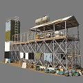 Industrial Tower with Metal Frame Platform and Storage Tank Surrounded by Equipment and Stacked Items