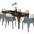 Dark Wood Dining Table Set With Six Green Upholstered Chairs And Tableware 3d model