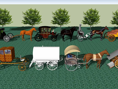 Various Types of Horse Drawn Carriages With Horses on Green Grass Near Trees 3d model