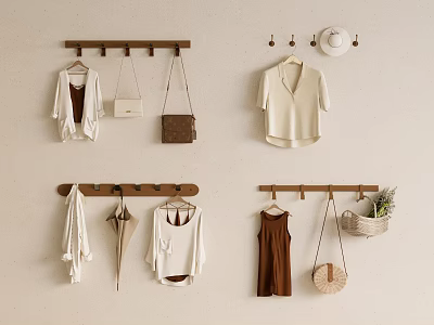 White Cardigan Top Brown Dress With Bags Hat Umbrella Hanging On Wall Mounted Wooden Racks 3d model