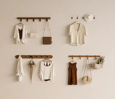White Cardigan Top Brown Dress With Bags Hat Umbrella Hanging On Wall Mounted Wooden Racks 3d model