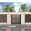 Modern Entrance Gate Design With Striped Grille Green Trees And Cloudy Sky