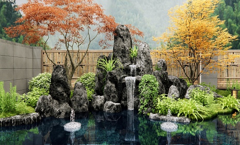 Rockery Waterscape Stone Falling Water Landscape Plant Combination Fence Wall Landscape Tree 3d model