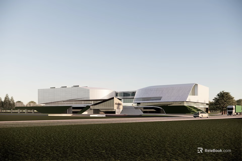 Modern Large Architecture Building With Glass Curtain Wall Grass Field And Sky 3d model