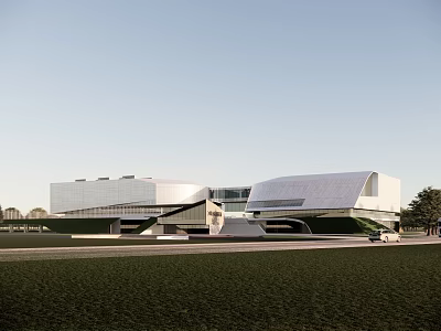 Modern Large Architecture Building With Glass Curtain Wall Grass Field And Sky 3d model