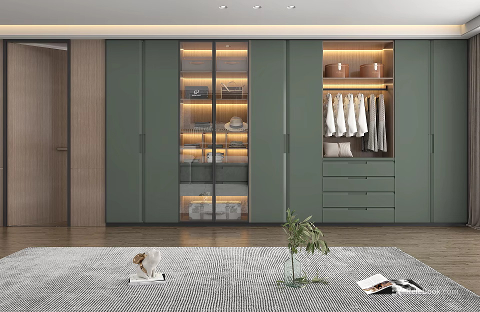Elegant Modern Green Wardrobe With Glass Doors LED Lighting And Storage Cabinets 3d model 