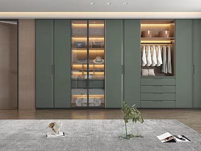 Elegant Modern Green Wardrobe With Glass Doors LED Lighting And Storage Cabinets 3d model