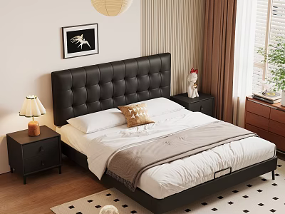 Double Bed with Black Leather Tufted Headboard White Sheets Beige Pillow and Gray Blanket 3d model
