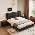Double Bed with Black Leather Tufted Headboard White Sheets Beige Pillow and Gray Blanket