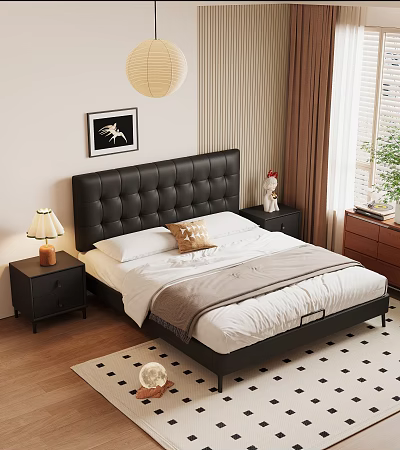 Double Bed with Black Leather Tufted Headboard White Sheets Beige Pillow and Gray Blanket 3d model