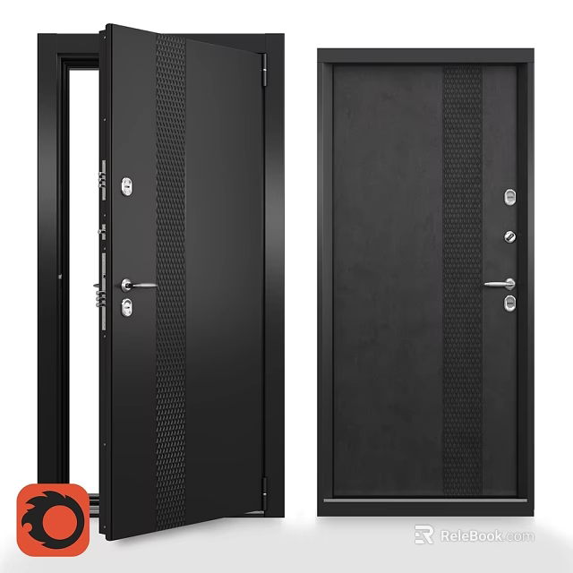 Black Modern Swing Door With Lock Handle And Vertical Stripes Design 3d model 