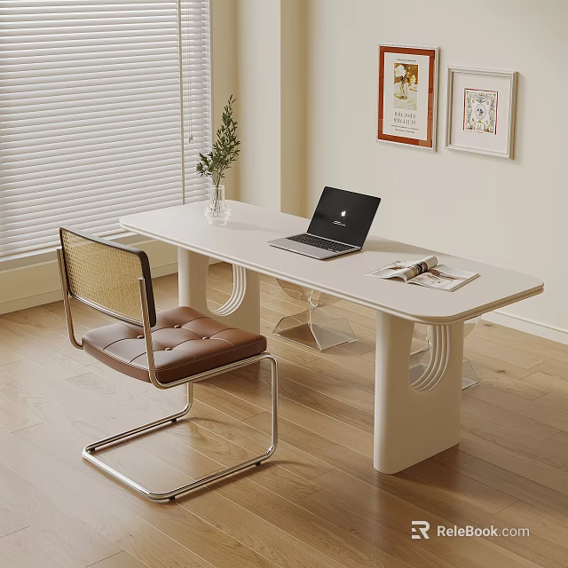 Modern Home Workspace With White Desk Laptop Magazine Plant Vase And Brown Chair 3d model 