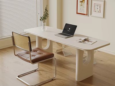Modern Home Workspace With White Desk Laptop Magazine Plant Vase And Brown Chair 3d model